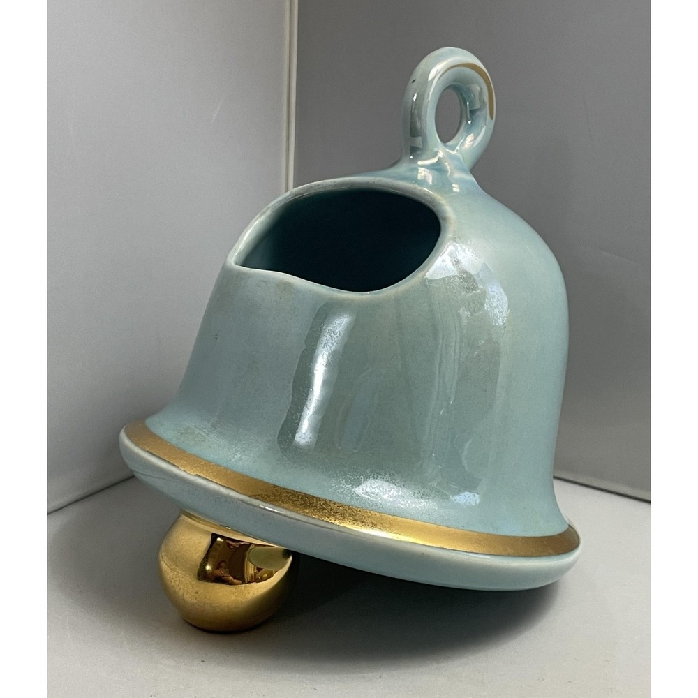 Vintage Ceramic Bell Planter Blue Gold Footed Vase Mid Century Modern Holiday